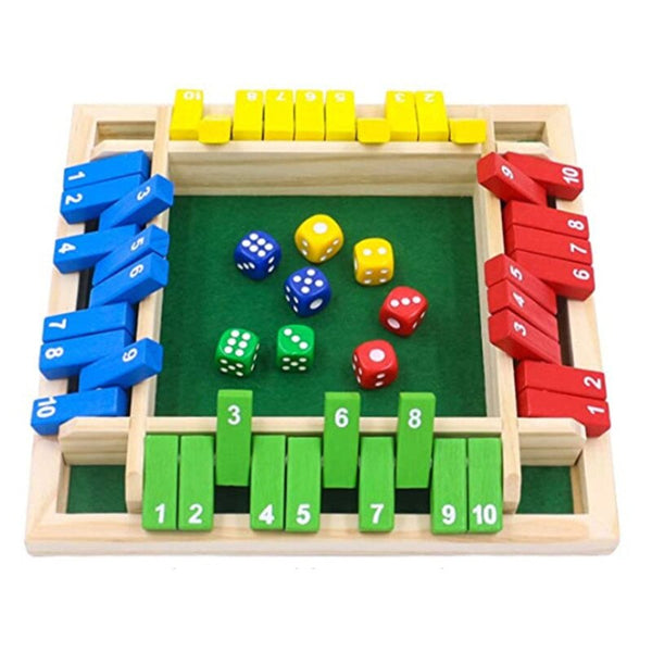 Planche de jeu en bois Shut the box avec 2 dés Plaque de chiffre 1-10, 4 joueurs - JEUD'ENFANTS