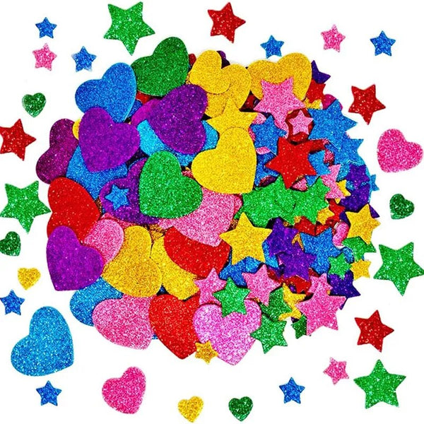Autocollants en mousse à paillettes colorées, 50 à 250 pièces, auto-adhésifs, étoiles, cœurs - JEUD'ENFANTS