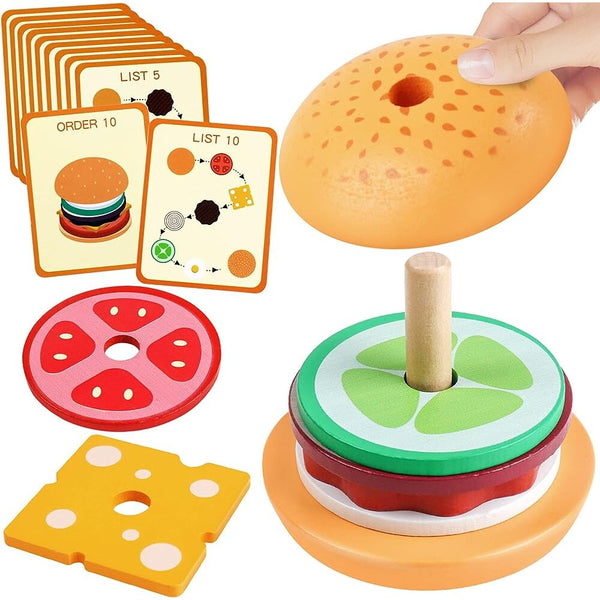 Jouets Montessori, à empiler des hamburgers en bois, avec cartes de commandes pour développer la motricité fine - JEUD'ENFANTS